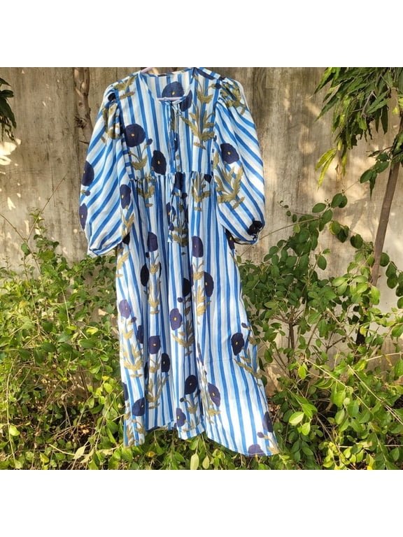 Kyra Midi Dress, Floral Hand Block Print, Cotton, Women's