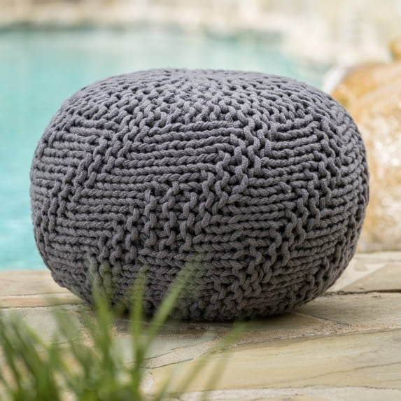 Kyra Outdoor Fabric Weave Pouf,Dark grey