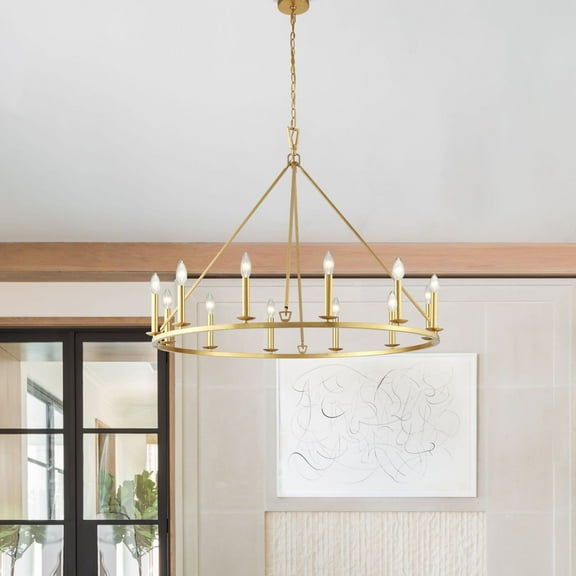 Kyrid 12-Light Wagon Wheel Chandelier with Gold Leaf Finish Candle Dining Room Lighting