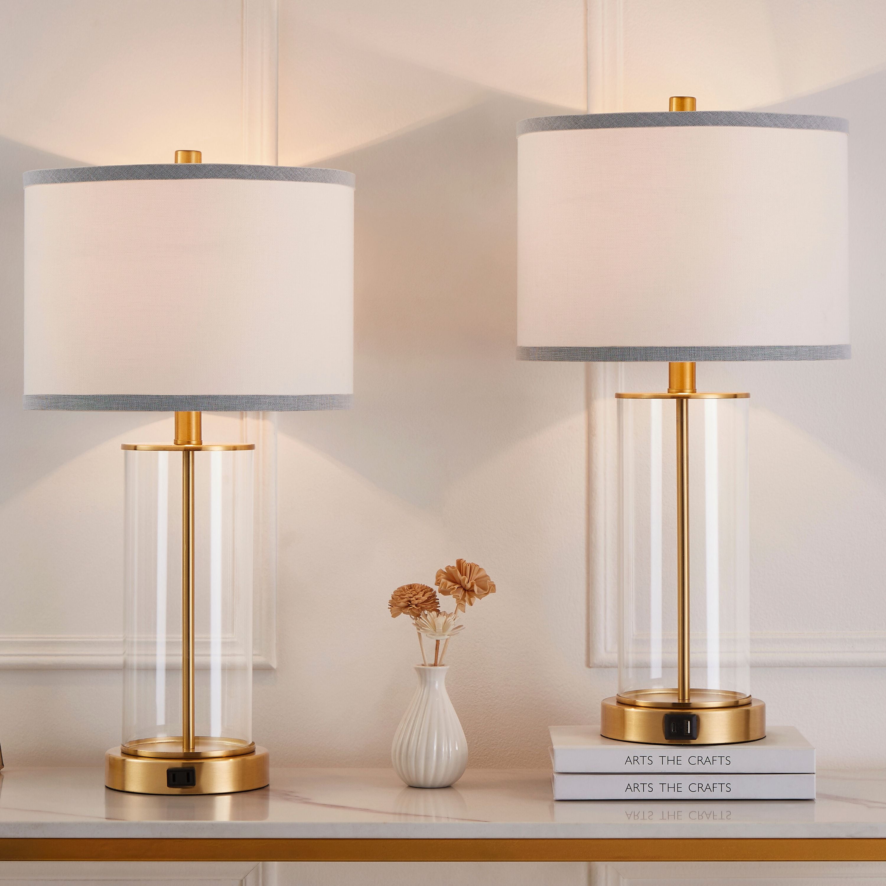 Antique Brass and Clear Glass 23.25'' Touch Control Table Lamp Set