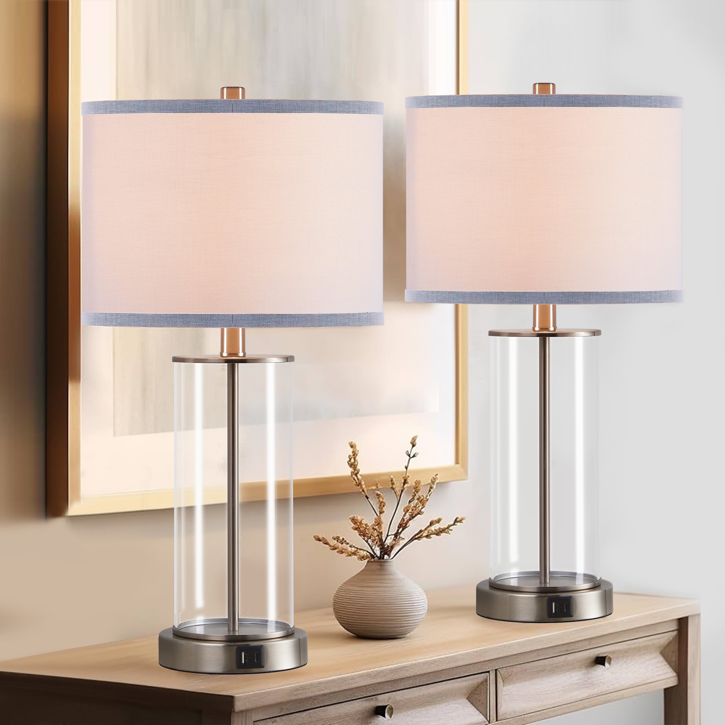 Brushed Nickel Glass Table Lamps with USB Ports and AC Outlet, Set of 2