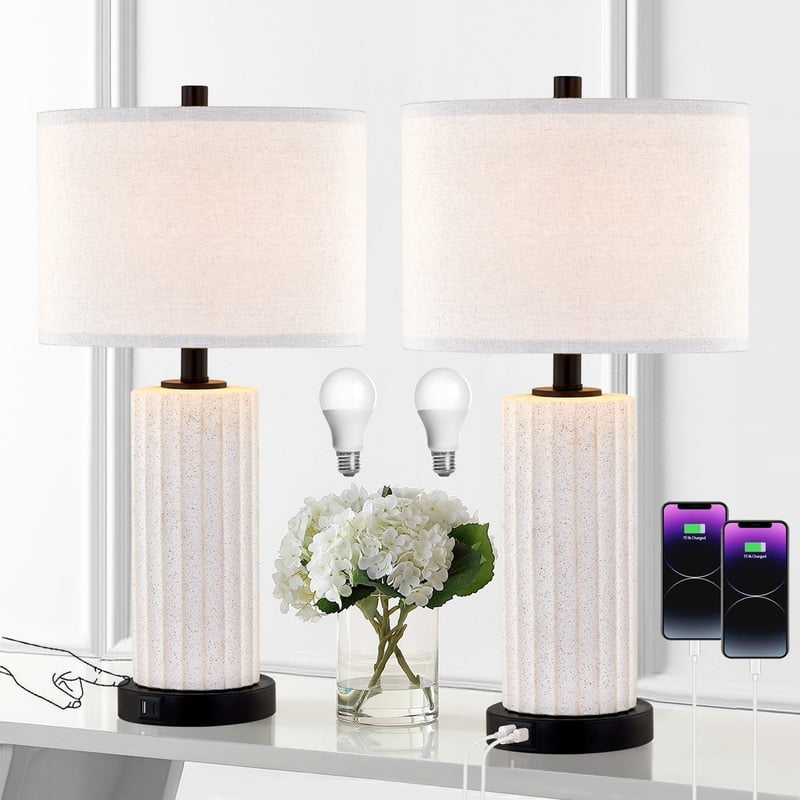 White Ceramic Table Lamp Set with USB Ports and Touch Control