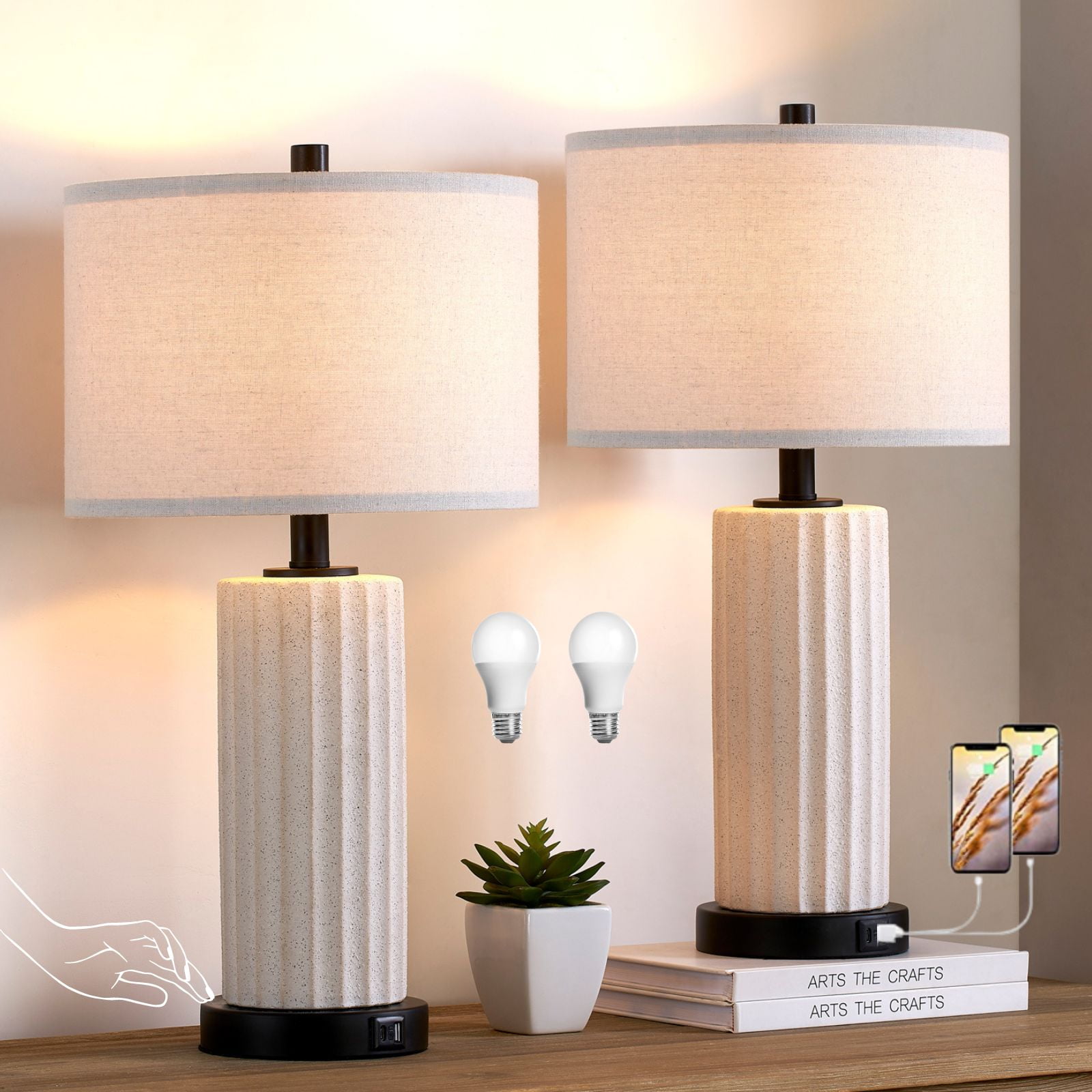 White Ceramic Table Lamp Set with USB Ports and Touch Control