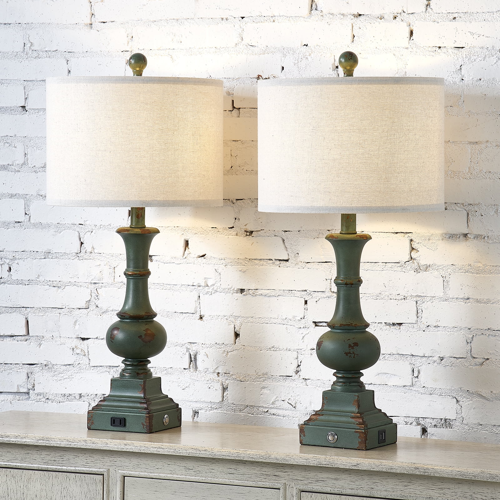 Distressed Dark Green 25.5'' Touch Table Lamps Set with Fabric Shades