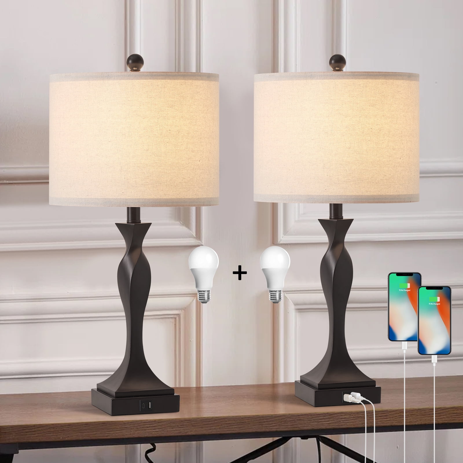 Simple Designs Chrome Mini Basic Table Lamp with Fabric Shade 2 Pack Set - Black