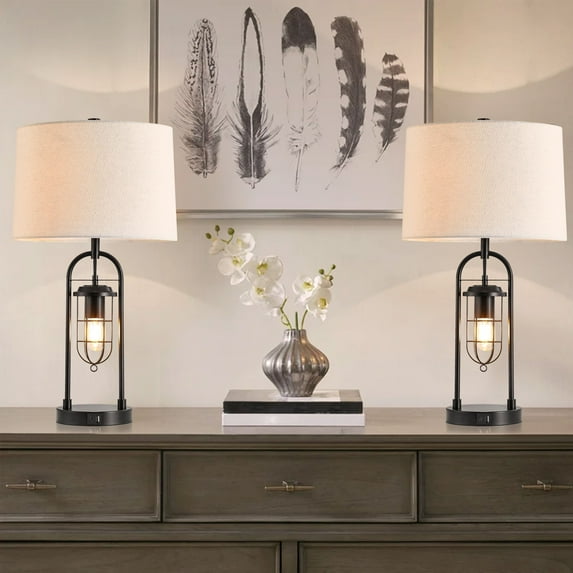Kyrid 26" Farmhouse Table Lamps for Living Room, Lamps Set of 2 with USB Ports and Night Light, Painted Bronze Finish, Bedroom Table Lamp with Oatmeal Fabric Shade