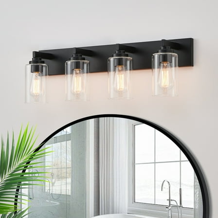 Kyrid 28 in. 4-Light Black Vanity Light with Clear Glass Shade