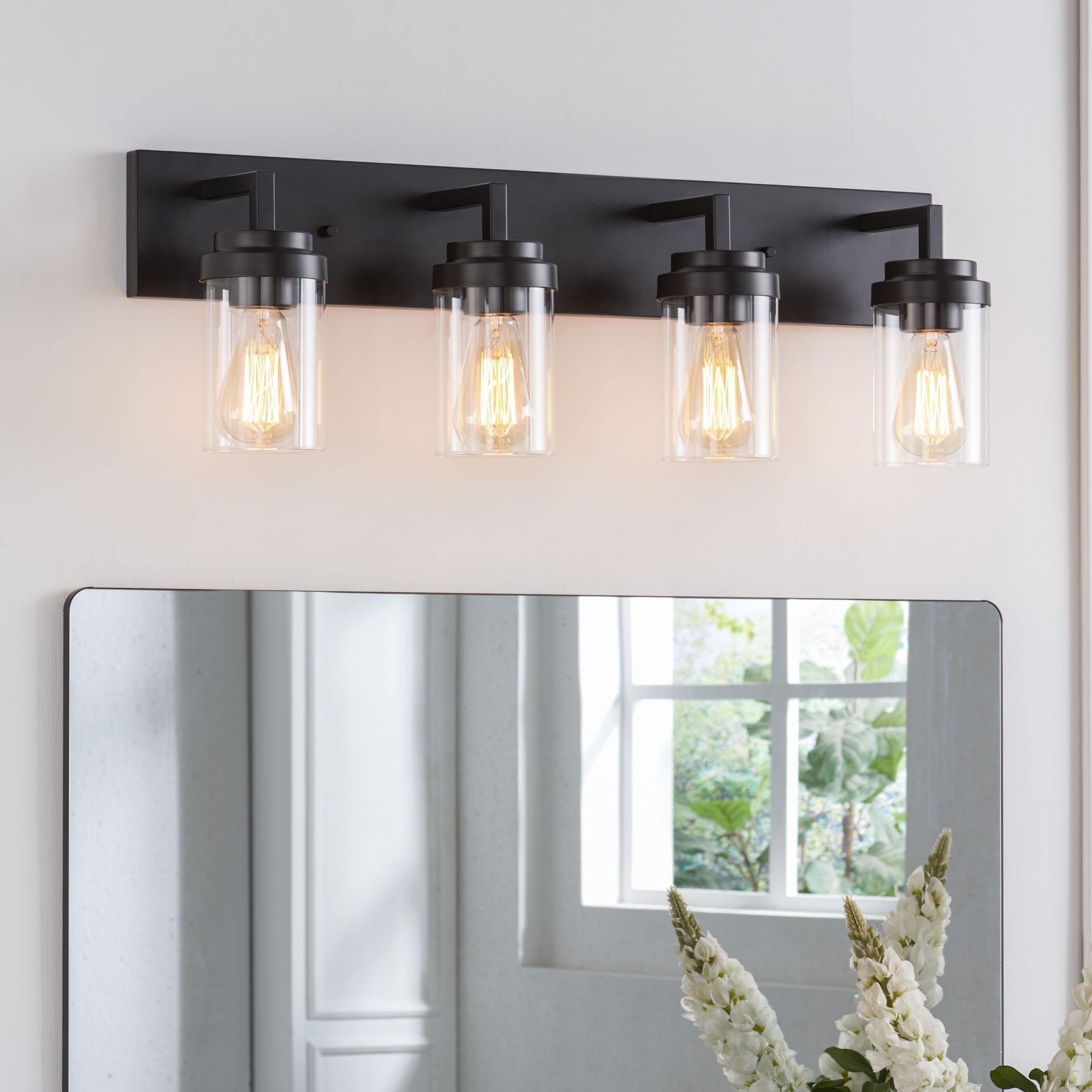 Black 4-Light Dimmable Cylinder Vanity Light with Glass Shades