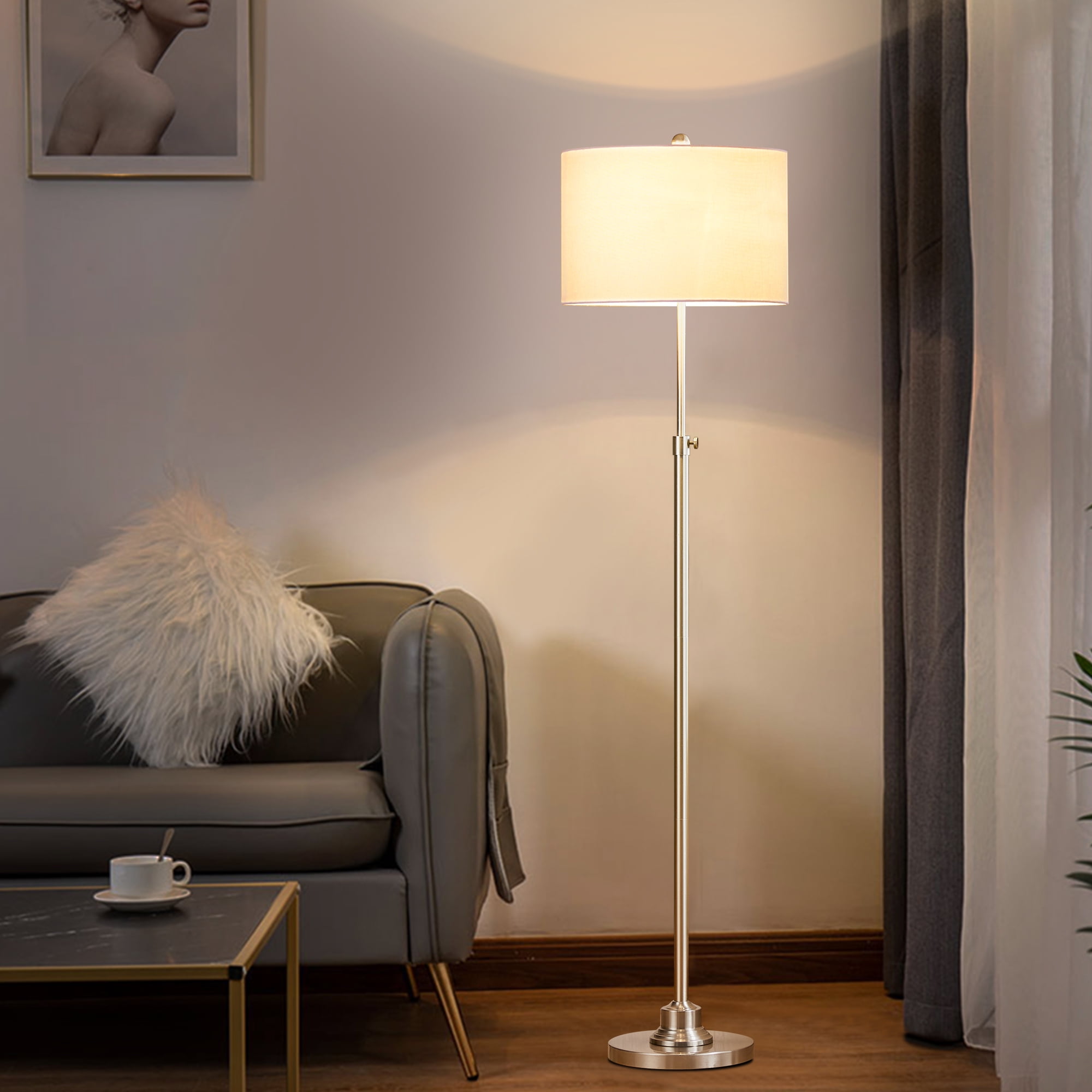 63.5" Brushed Nickel Adjustable Floor Lamp with White Linen Shade
