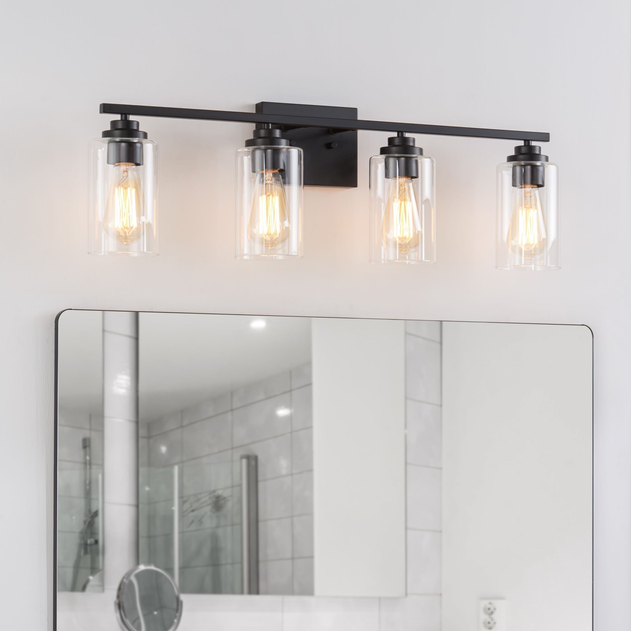 Kyrid Modern Bathroom Light Fixtures for Mirror, 4-Light Black Dimmable Vanity Light with Glass Shade, E26 Bulbs