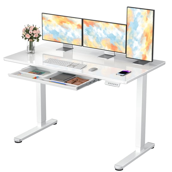 CHITOOMA Glass Top Electric Standing Desk with Drawer, 48" x 24" Height Adjustable Sit Stand Desk for Home Office, White