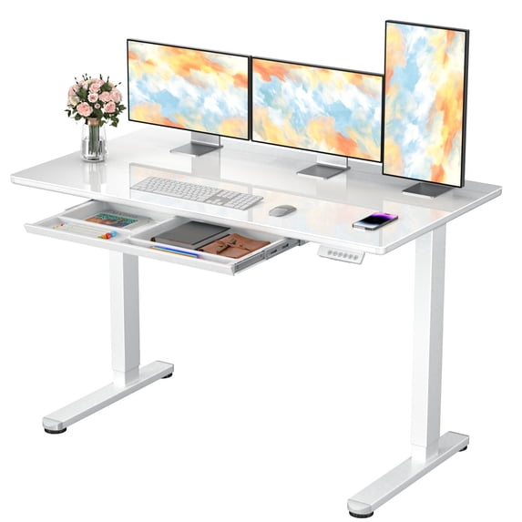 Kyspho Glass Top 48" x 24" Electric Standing Desk with Drawer, Height Adjustable Sit Stand Desk for Home Office, White