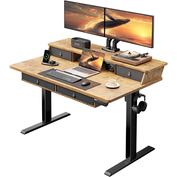 Kyspho 48″ x 30″ Standing Desk with Drawers, Electric Height Adjustable Sit Stand Desk with Storage Shelf, 4 Memory Preset Computer Desk with Cable Management Tray for Home Office, Brown
