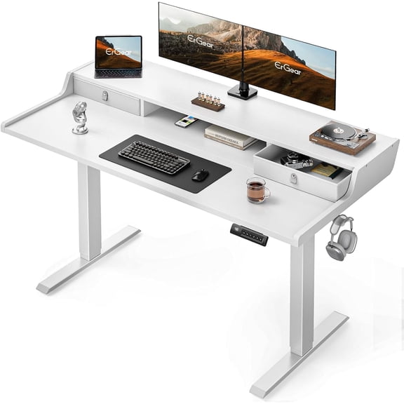 Kyspho 55″ x 28″ Electric Standing Desk with Drawers, Height Adjustable Gaming Desk with Monitor Stand & Storage Shelf, 4 Preset Heights for Home Office, White