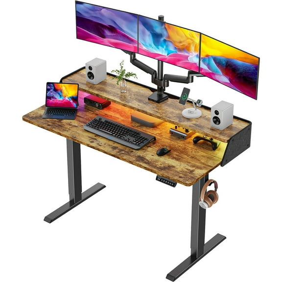 CHITOOMA 55″ x 28″ Electric Standing Desk with Storage Shelf, Height Adjustable Sit Stand Desk with RGB LED Strip & Monitor Stand, Computer Desk for Home Office, Brown