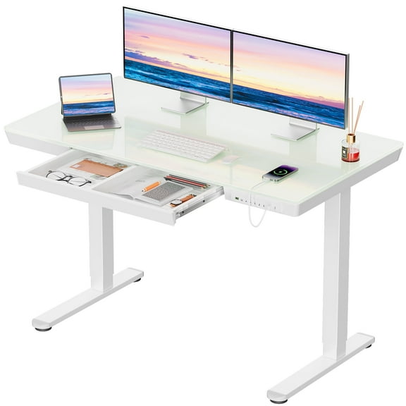 CHITOOMA Glass Top Electric Standing Desk with Drawer, 55'' x 28'' Electric Height Adjustable Desk with USB Charging Ports, Sit Stand up for Home Office