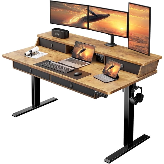CHITOOMA 55″ x 30″ Standing Desk with Drawers, Electric Height Adjustable Sit Stand Desk with Storage Shelf, 4 Memory Preset Computer Desk with Cable Management Tray for Home Office, Brown