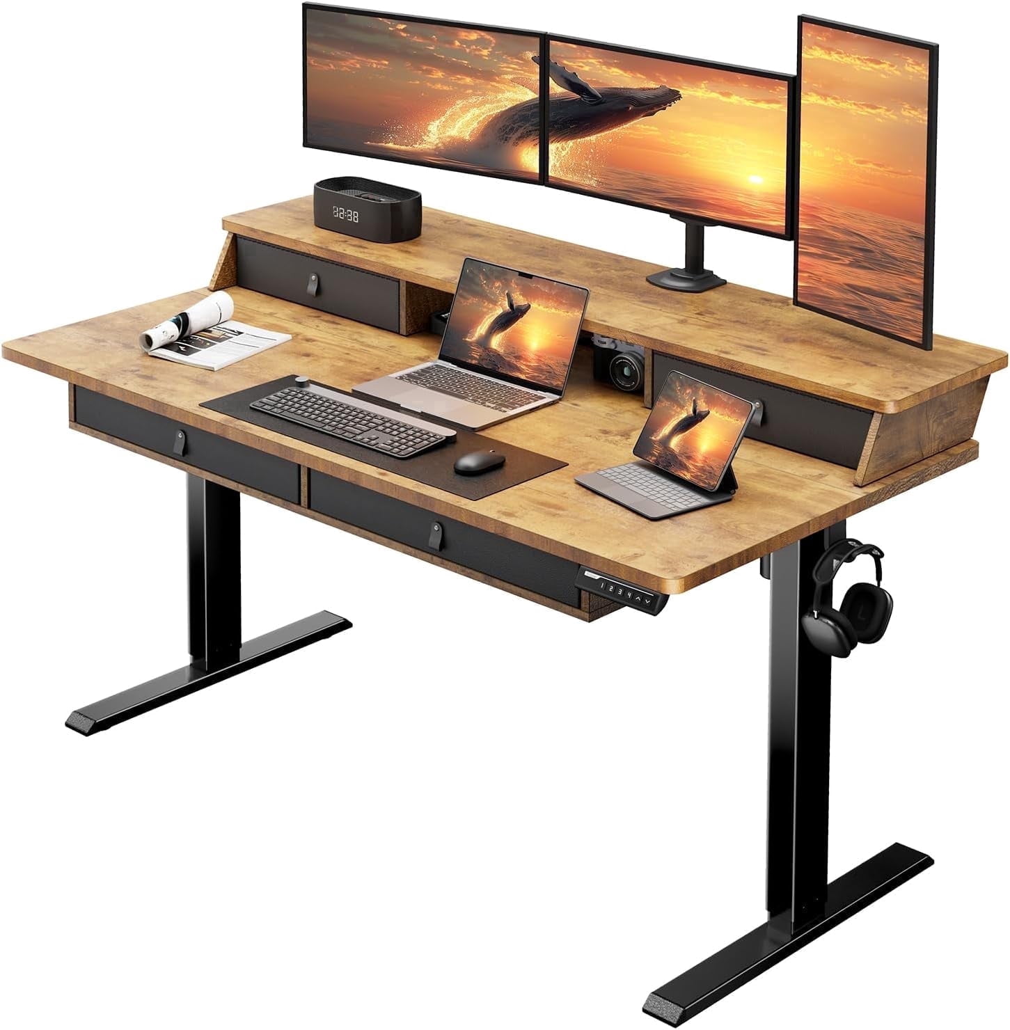 CHITOOMA 55″ x 30″ Standing Desk with Drawers, Electric Height Adjustable Sit Stand Desk with Storage Shelf, 4 Memory Preset Computer Desk with Cable Management Tray for Home Office, Brown