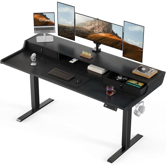 Kyspho 63″ x 28″ Electric Standing Desk with Drawers, Height Adjustable Gaming Desk with Monitor Stand & Storage Shelf, 4 Preset Heights for Home Office, Black