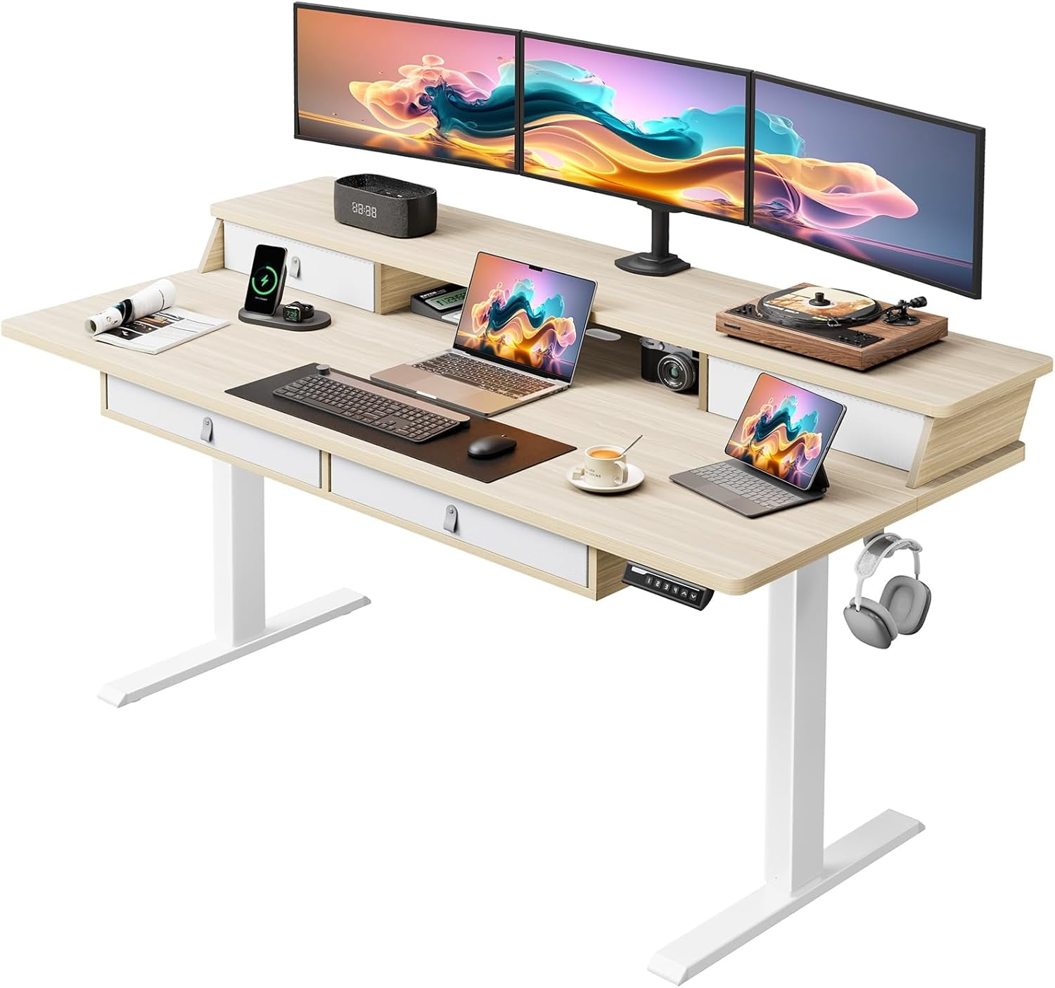 CHITOOMA 63″ x 30″ Standing Desk with Drawers, Electric Height ...