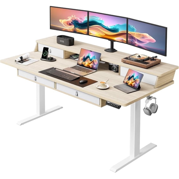 Kyspho 63″ x 30″ Standing Desk with Drawers, Electric Height Adjustable Sit Stand Desk with Storage Shelf, 4 Memory Preset Computer Desk with Cable Management Tray for Home Office, Natural