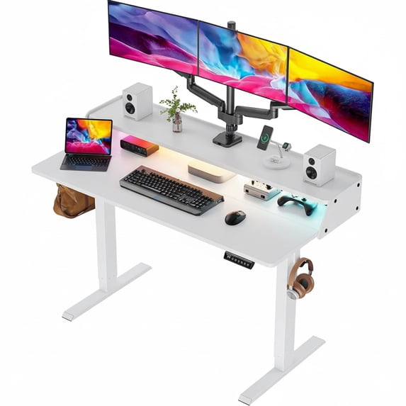 Kyspho 55″ x 28″ Electric Standing Desk with Storage Shelf, Height Adjustable Sit Stand Desk with RGB LED Strip & Monitor Stand, Computer Desk for Home Office, White