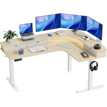 CHITOOMA 65" L-Shaped Standing Desk, Electric Height Adjustable Corner Computer Desk with Power Outlets & LED Strip, Sit Stand Up Desk with with 3 Drawers for Home Office, Oak