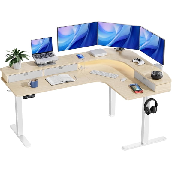 CHITOOMA 65" L-Shaped Standing Desk, Electric Height Adjustable Corner Computer Desk with Power Outlets & LED Strip, Sit Stand Up Desk with with 3 Drawers for Home Office, Oak