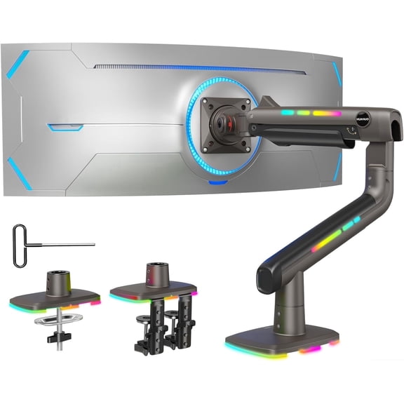 Kyspho Monitor Mount for Ultrawide Screens up to 49, Heavy-Duty Single Mount Holds 44lbs, RGB Lighting, Fully Adjustable, C-Clamp or Grommet Mount, VESA 75mm and 100mm, Black