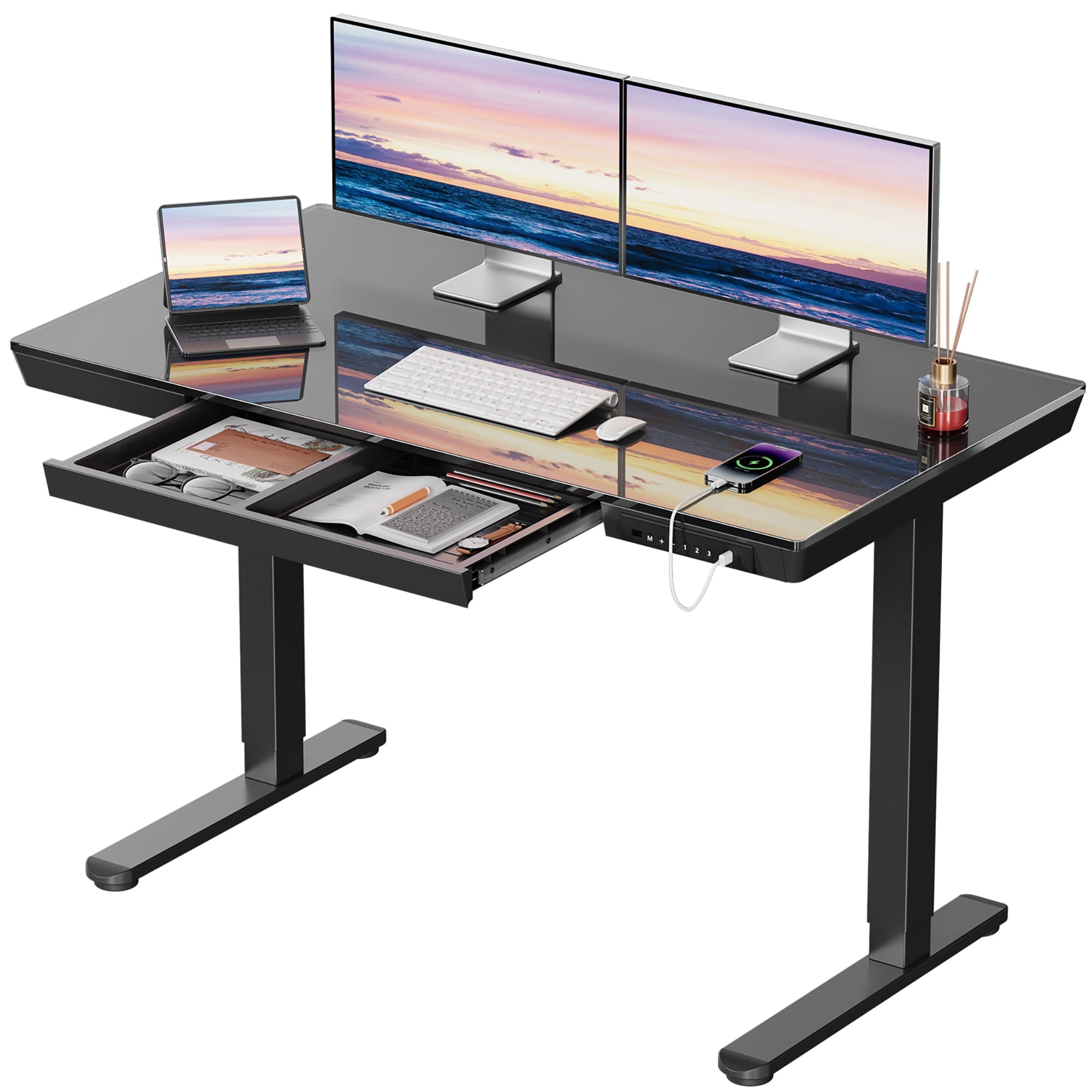 Walmart Saving of  CHITOOMA Glass Top Electric Standing Desk with Drawer, 48'' x 24'' Electric Height Adjustable Desk with USB Charging Ports, Sit Stand up for Home Office