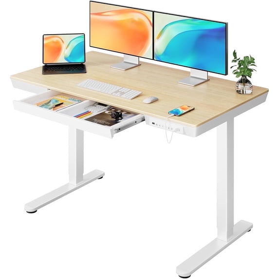 Kyspho One Piece Electric Standing Desk with Drawer, 48" x 24" Maple Wood-top Height Adjustable Office Desk with USB Charging Ports, Sit to Stand Desk for Home