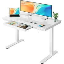 CHITOOMA One Piece Glass Top Standing Desk with Drawer, 48'' x 24'' Electric Height Adjustable Desk with USB Charging Ports, Sit Stand up for Home Office