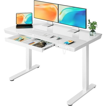 CHITOOMA One Piece Glass Top Standing Desk with Drawer, 48'' x 24'' Electric Height Adjustable Desk with USB Charging Ports, Sit Stand up for Home Office