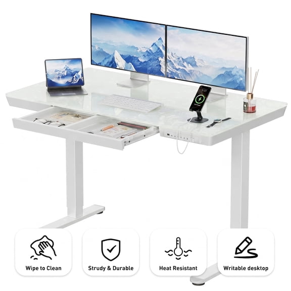 CHITOOMA Glass Top Electric Standing Desk with Drawer, 48'' x 24'' Electric Height Adjustable Desk with USB Charging Ports, Sit Stand up for Home Office