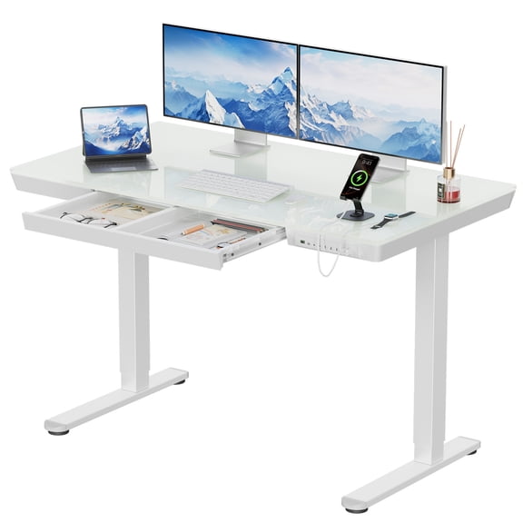 CHITOOMA Glass Top Electric Standing Desk with Drawer, 48'' x 24'' Electric Height Adjustable Desk with USB Charging Ports, Sit Stand up for Home Office