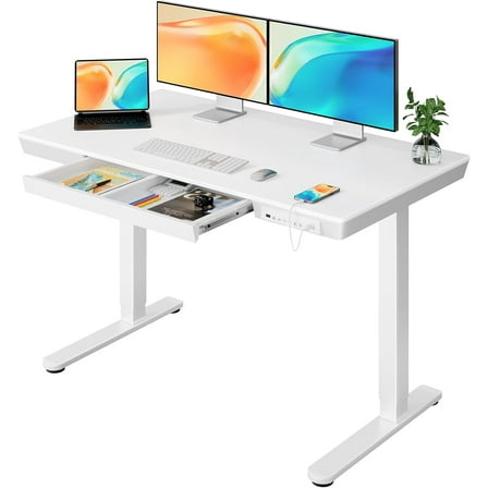 CHITOOMA Electric Standing Desk with Drawer, One Piece Tabletop 48" x 24" Height Adjustable Office Desk with USB Charging Ports, Sit to Stand Desk for Home, White