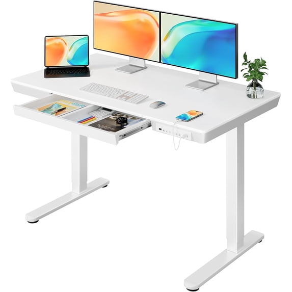 Kyspho Electric Standing Desk with Drawer, One Piece Tabletop 48" x 24" Height Adjustable Office Desk with USB Charging Ports, Sit to Stand Desk for Home, White