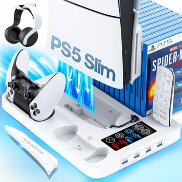 Kytok PS5 Cooling Stand for PS5 Slim Disc & Digital Version, Playstation 5 Slim Cooling Station with Silent Turbofan & Controller Charger, LED Light, USB HUB, PS5 Accessories