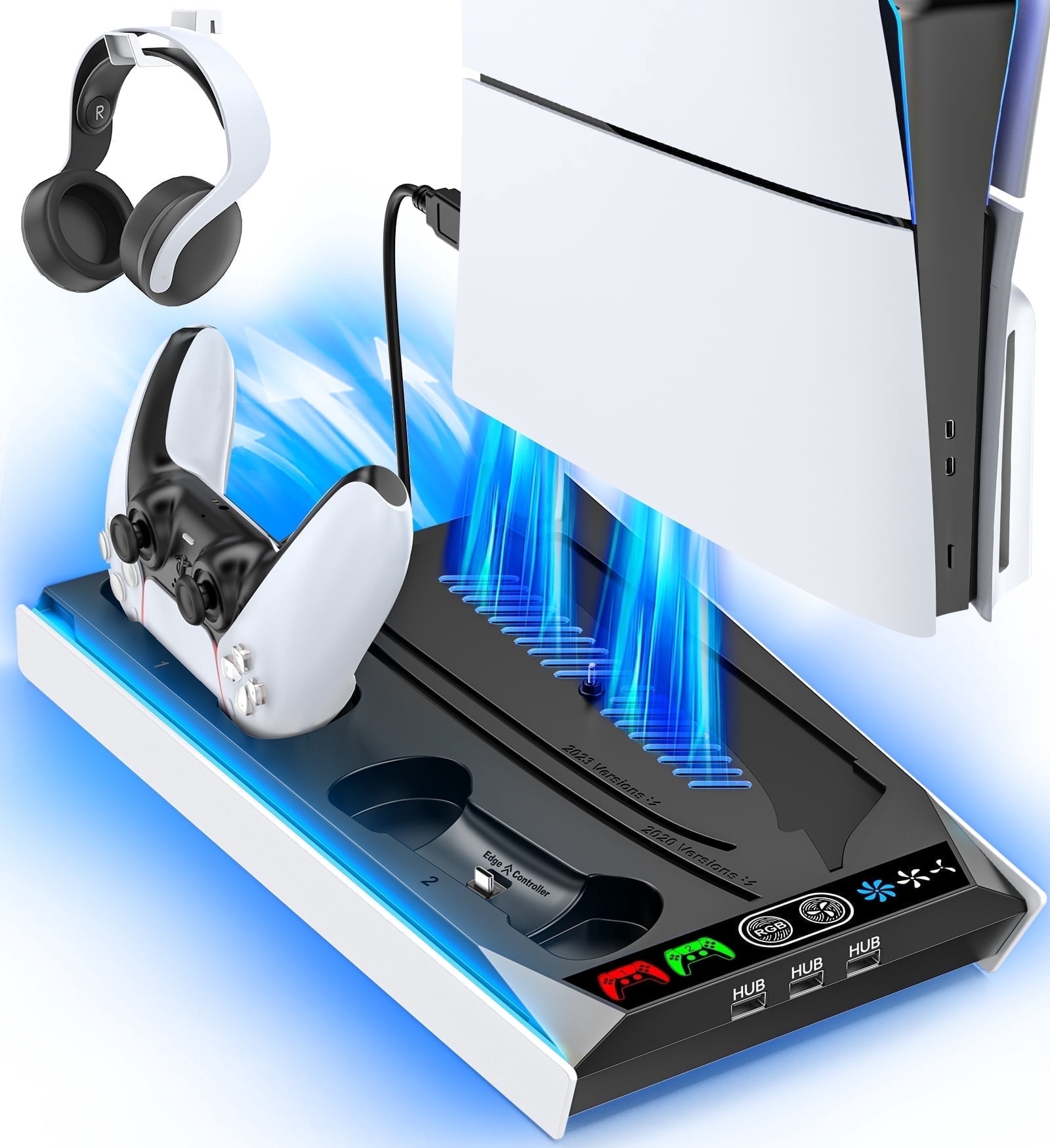 Kytok PS5 Slim Stand for PlayStation 5, PS5 Cooling Station with 3-Level Fan, Controller Charger for Dualsense & Edge Controller, PS5 Accessories with RGB Lighting, Black