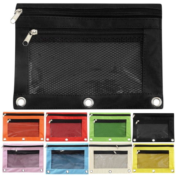 Kyusrd Clear Mesh Pencil Pouch,3 Ring Binder,Zipper Closure,Multi-Color,Transparent,Cosmetic Bag,Stationery Organizer