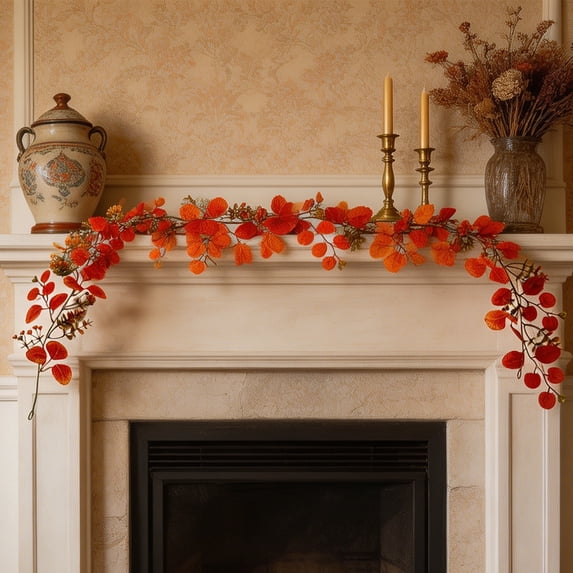 Kyusrd Fall Decor for Home,Artificial Fall Garland Orange Red Leaves For Thanksgiving Decor