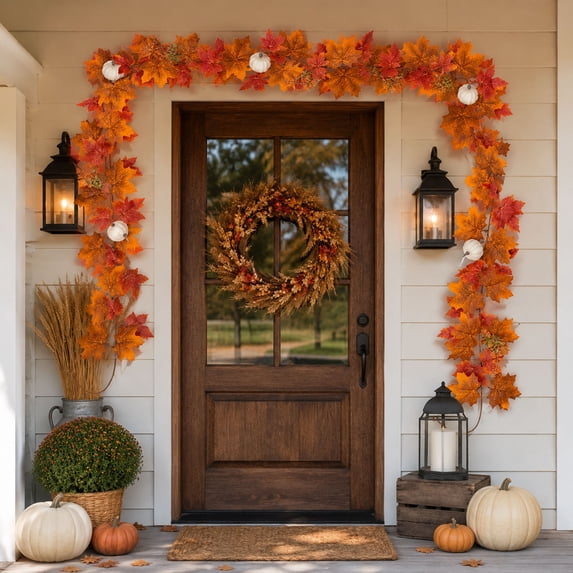 Kyusrd Fall Decor for Home,Fall Artificial Maple Leaf Garland Thanksgiving With Pumpkins For Fireplace Mantel Door Decor