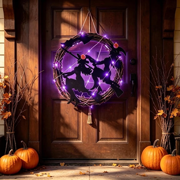 Kyusrd Wreath with String Lights for Halloween Decor,Light Up Rattan Wreath Purple LED Lights Double Witch Bats Silhouettes Hanging Decor for Door Fireplace Window Indoor Outdoor Ornament