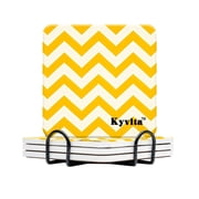 Kyvita 4Inchs Square Costers Set of 4 Abosrbent Ceramic with Metal Stand for Drinks-Yellow Pattern on White Background