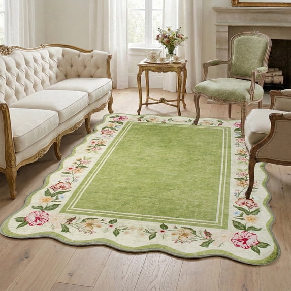 Kzaei 5'x7' Floral Scalloped Area Rug for Living Room, Washable Soft Rug with Non-Slip Backing, Large Floral Vintage Distress Print Pattern Carpet, Green