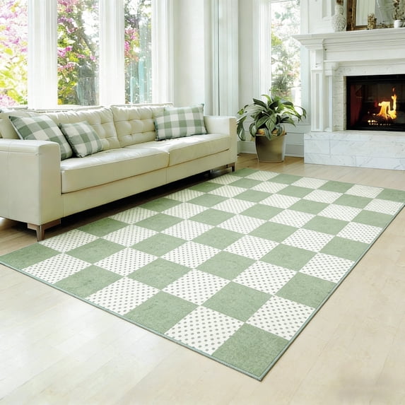 Kzaei Checkered Sage Green 5'x7' Area Rug for Living Room, Geometric Diamond Dot Modern Soft Low-Pile Girls Rug Entryway Non-Slip TPE Backing