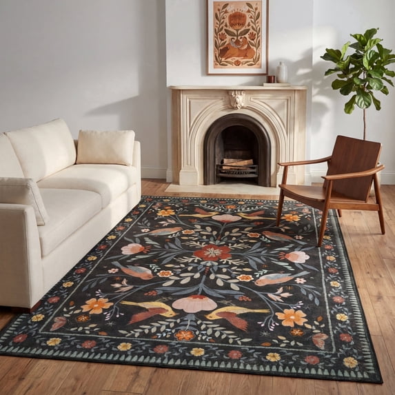 Kzaei 5'x7' Area Rug for Living Room, Vintage Boho Soft Low-Pile Living Room Rugs, Stain Resistant Botanical Non-Slip Carpet for Girls Bedroom
