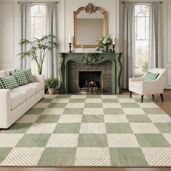 Kzaei Checkered Sage Green 8'x10' Area Rug for Living Room, Modern Soft Low-Pile Girls Rug Entryway Non-Slip TPE Backing