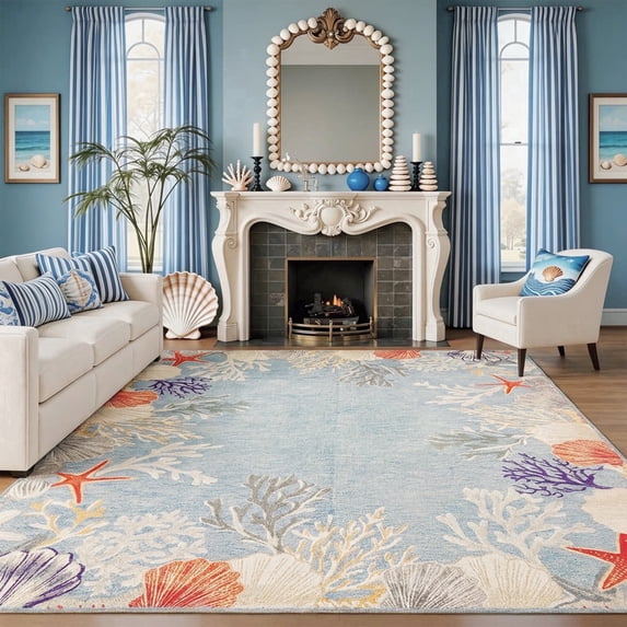 Kzaei 8'x10' Area Rug for Living Room, Ocean Coral Reef Themed Rug, Modern Soft Non-Slip & Easy to Clean Carpet