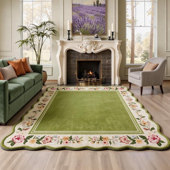 Kzaei 8'x10' Floral Scalloped Area Rug for Living Room, Washable Soft Rug with Non-Slip Backing, Large Floral Vintage Distress Print Pattern Carpet, Green